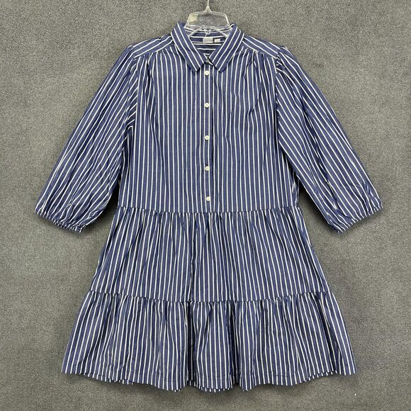 GAP Shirt Dress Womens Large Blue Striped Button Front Tiered Cotton Pockets - Picture 1 of 16